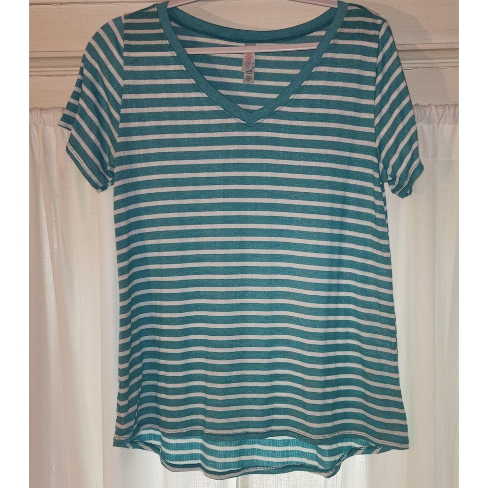 LuLaRoe Striped V Neck Womens Top Medium Teal White Short Sleeve Tunic